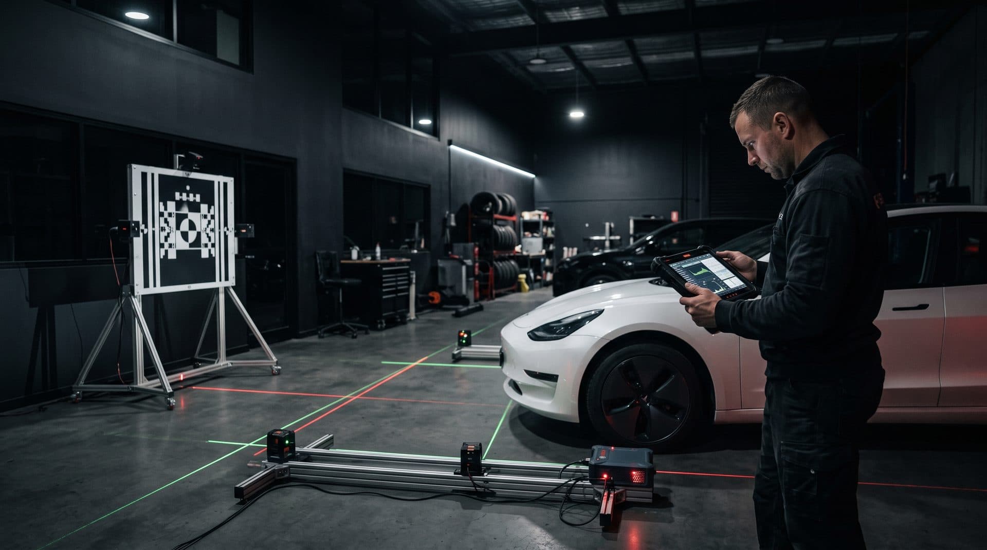 ADAS Valet technician performing a static camera calibration using a target board in front of an SUV