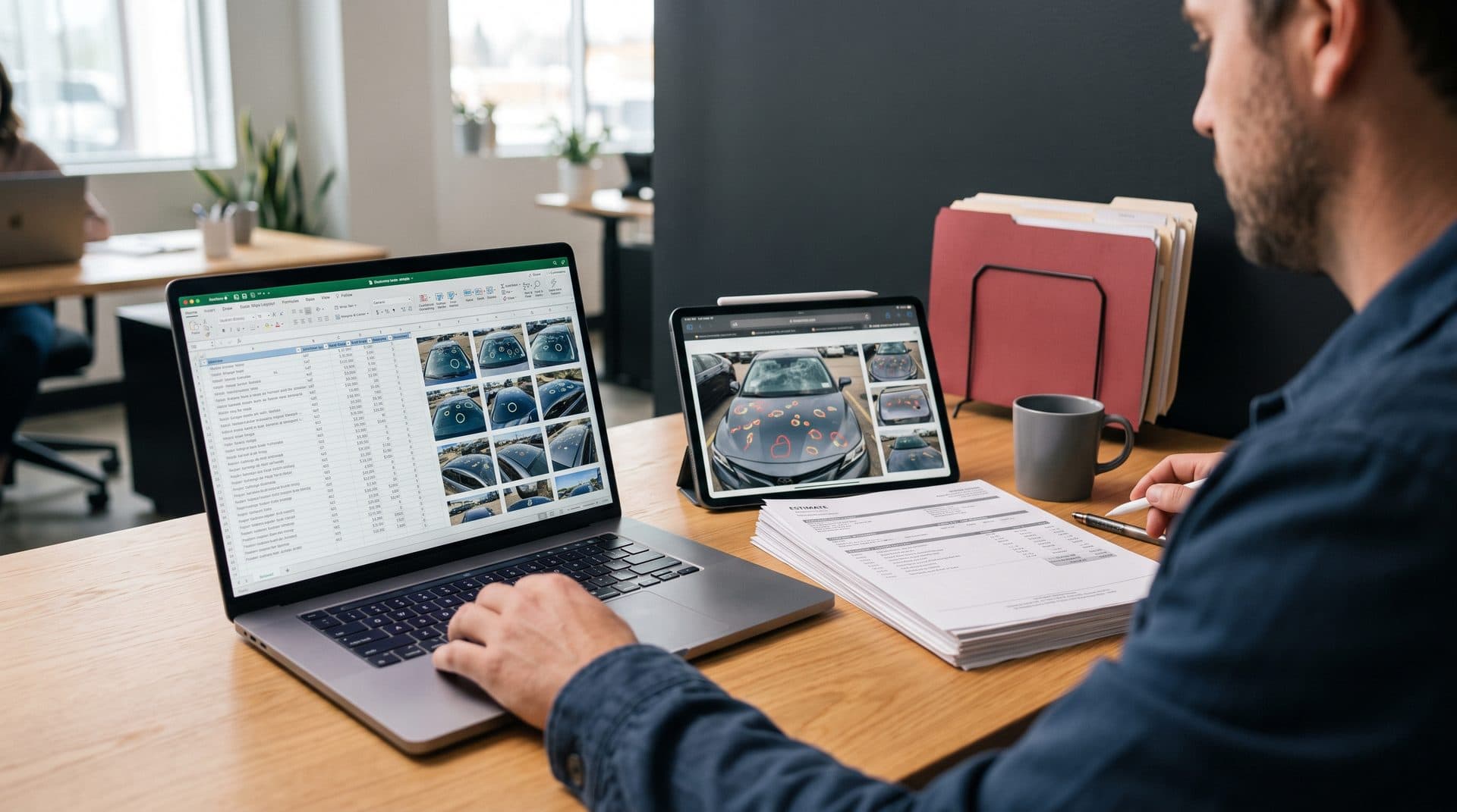 Estimate Valet estimator reviewing hail damage photos on a laptop and tablet to write an insurance estimate