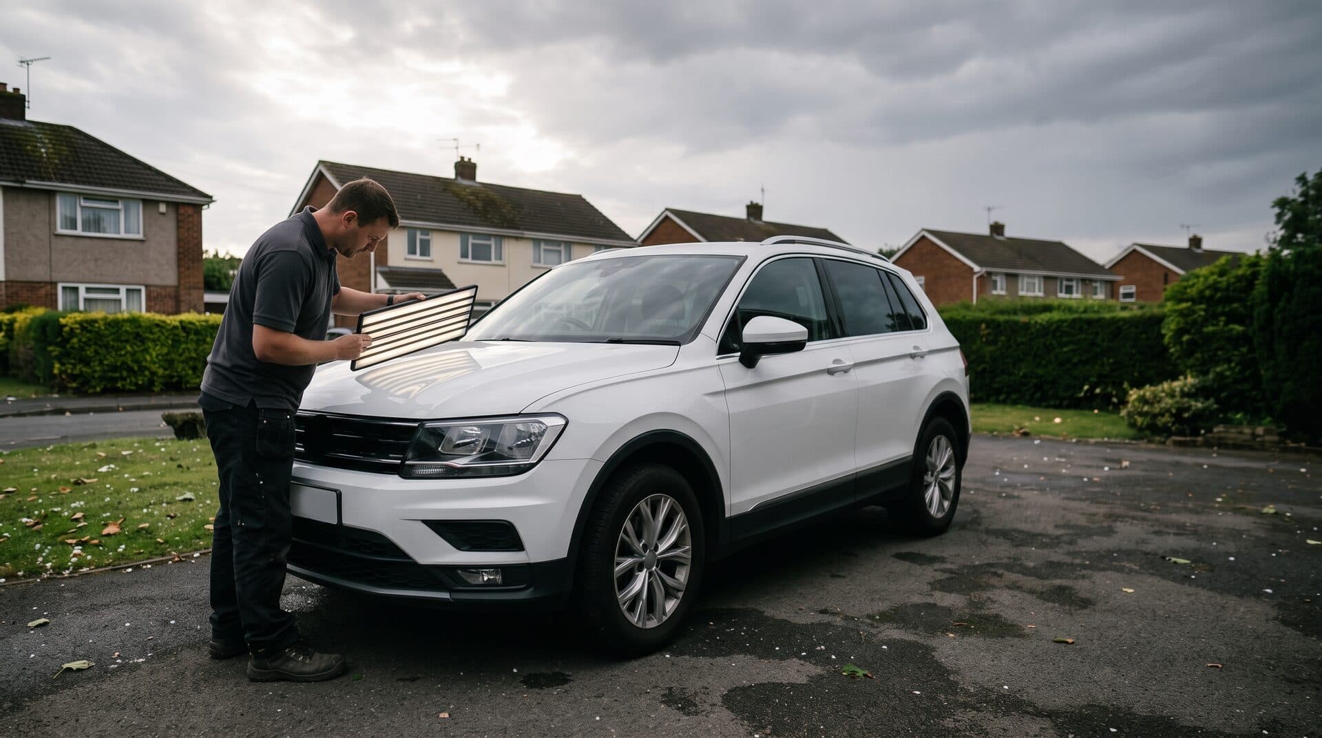 Dent repair technician using paintless dent repair tools to inspect and repair a dent