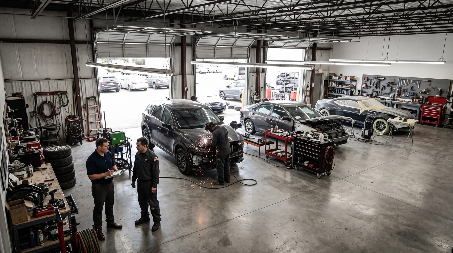 Technicians and an estimator coordinating work on the floor of a collision repair shop